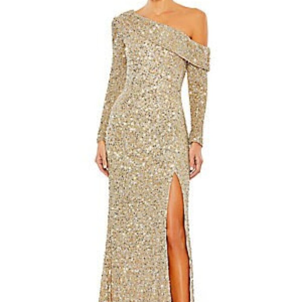 Mac Duggal Off Shoulder Gold Sequin Slit Gown New With Tags